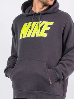 Nike Men's Dark Charcoal Hoodie with Neon Yellow Logo